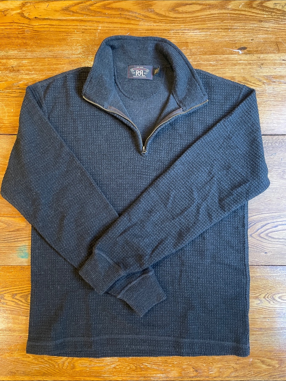 Ralph Lauren Double RL Men’s 1/4 zip Waffle Knit Sweater — charcoal poly/wo/co